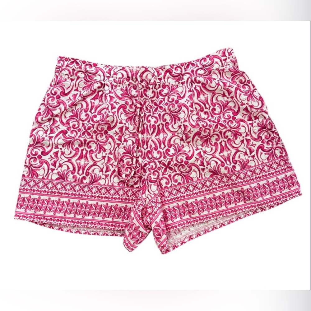 CeCe Floral Linen Rayon Casual Flowy Shorts Pink White Elastic Waist Relaxed L